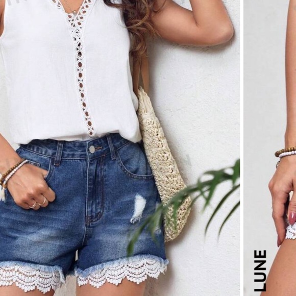 Crochet Denim shorts Jean patchwork 4 27 distressed holes XS womens boho lace S - Picture 5 of 7